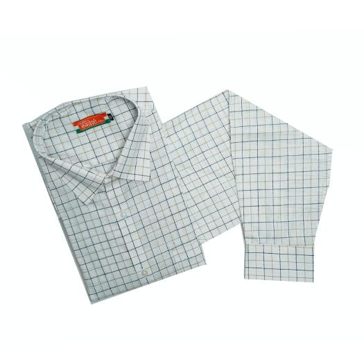 Men’s Khadi Cotton Check Shirt – White Base with Brown & Blue Checks | Handwoven Full Sleeve Classic