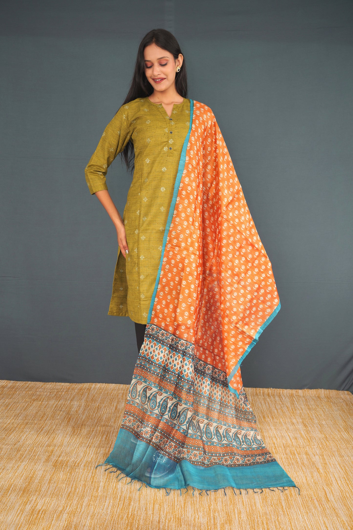 Handwoven True Khadi Silk Stole – Orange & Blue Indian Heritage Pattern | Pure Handloom Shawl for Women | Sustainable Khadi Wrap
