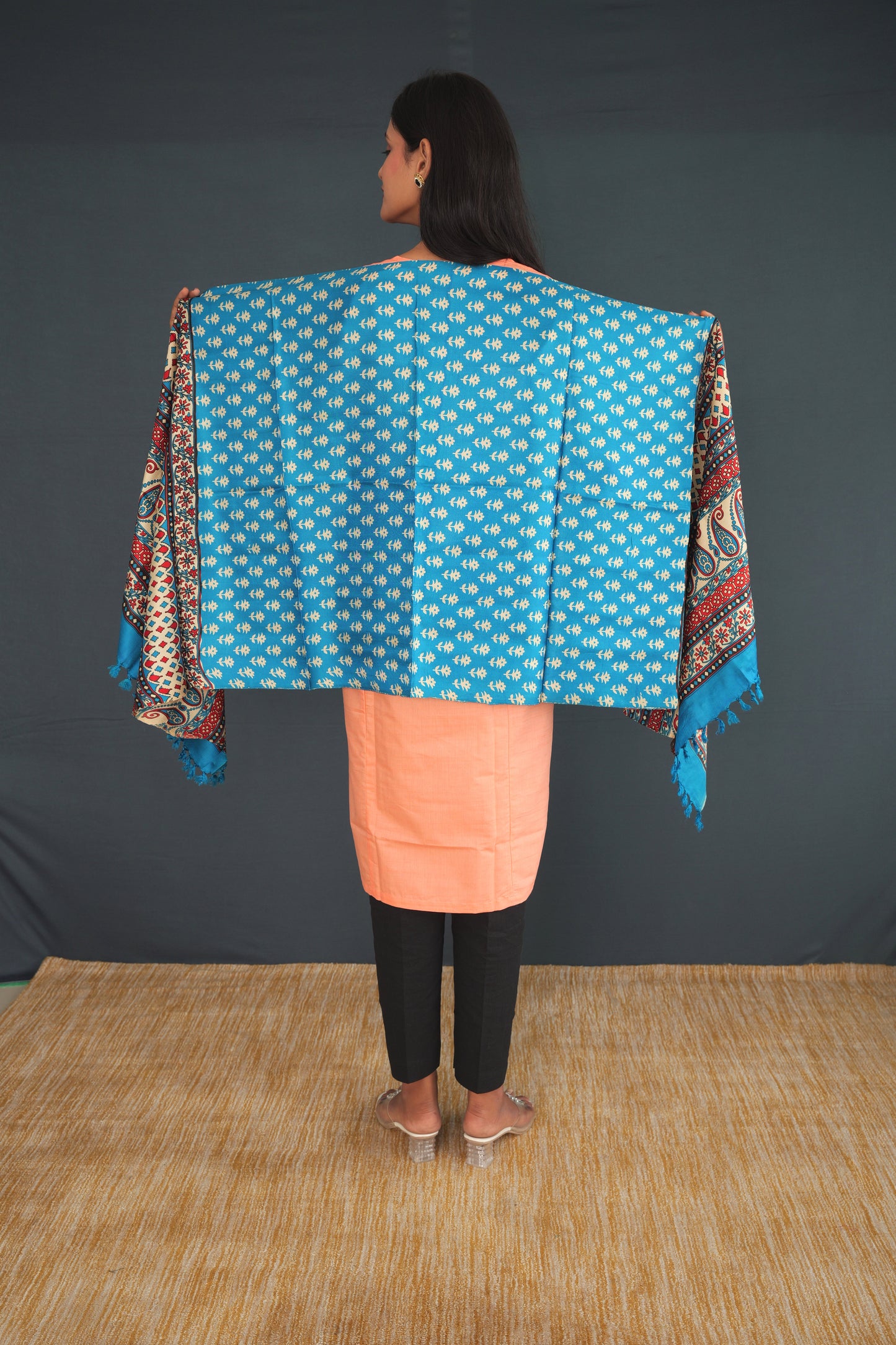 Handwoven True Khadi Silk Stole – Aqua Blue & Coral Floral Print | Pure Handloom stole for Women | Sustainable Indian Khadi Silk Wrap