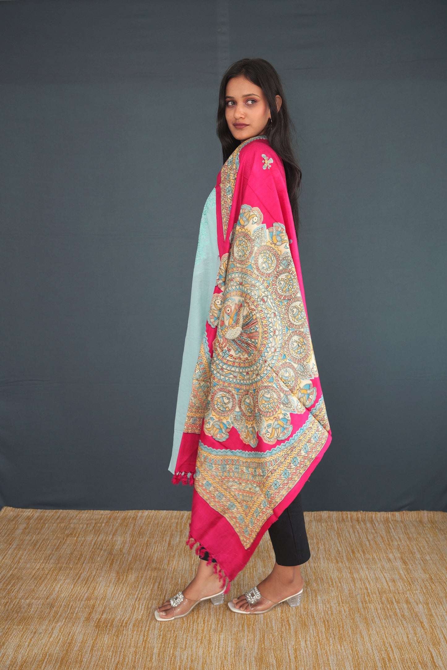 Handwoven Rani Pink, Maroon, Mehndi Green & Wine Khadi Silk Stole | Pure Indian Handloom stole for Women | Traditional Madhubani Design Khadi Silk Wrap