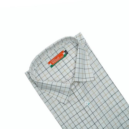 Men’s Khadi Cotton Check Shirt – White Base with Brown & Blue Checks | Handwoven Full Sleeve Classic