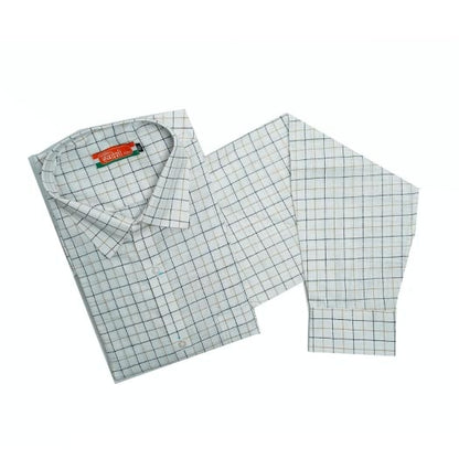 Men’s Khadi Cotton Check Shirt – White Base with Brown & Blue Checks | Handwoven Full Sleeve Classic