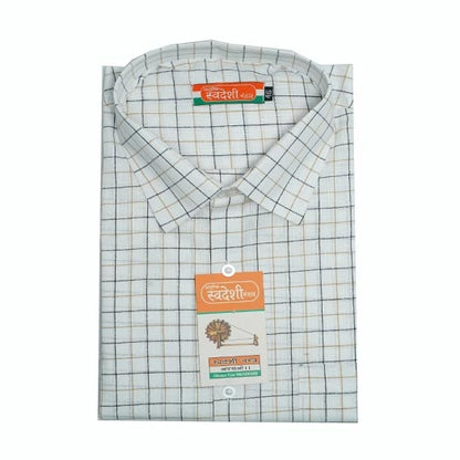 Men’s Khadi Cotton Check Shirt – White Base with Brown & Blue Checks | Handwoven Full Sleeve Classic