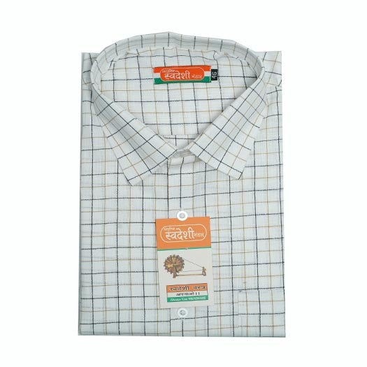 Men’s Khadi Cotton Check Shirt – White Base with Brown & Blue Checks | Handwoven Full Sleeve Classic