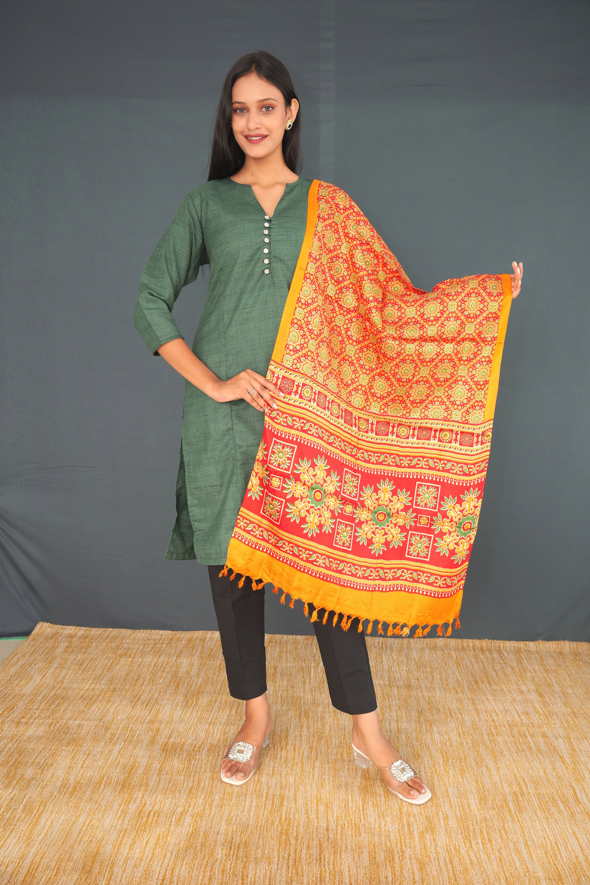 Handwoven Khadi Silk Stole – Red & Yellow Traditional Pattern | Pure Khadi Silk Dupatta for Women