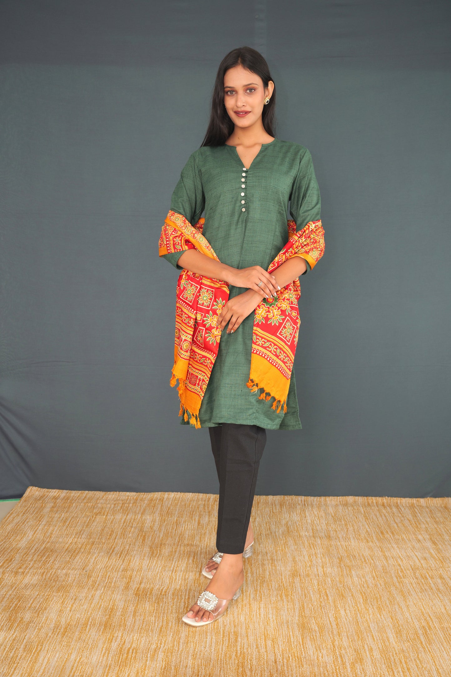 Handwoven Khadi Silk Stole – Red & Yellow Traditional Pattern | Pure Khadi Silk Dupatta for Women