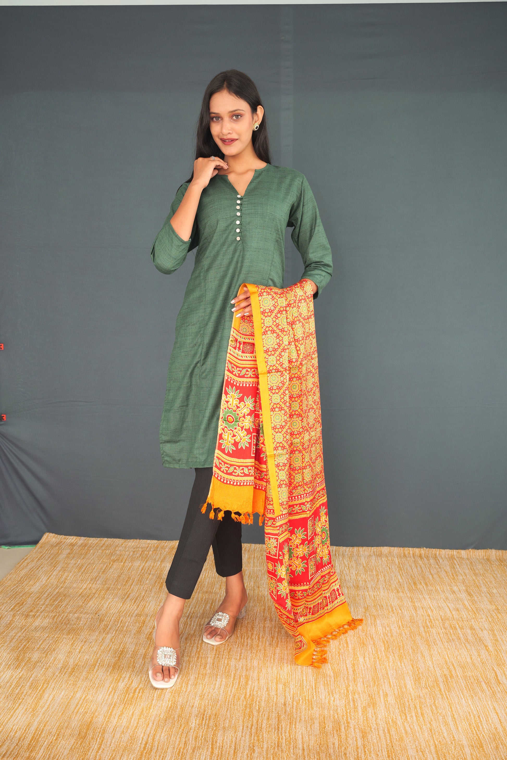 Handwoven Khadi Silk Stole – Red & Yellow Traditional Pattern | Pure Khadi Silk Dupatta for Women