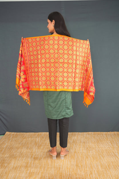 Handwoven Khadi Silk Stole – Red & Yellow Traditional Pattern | Pure Khadi Silk Dupatta for Women