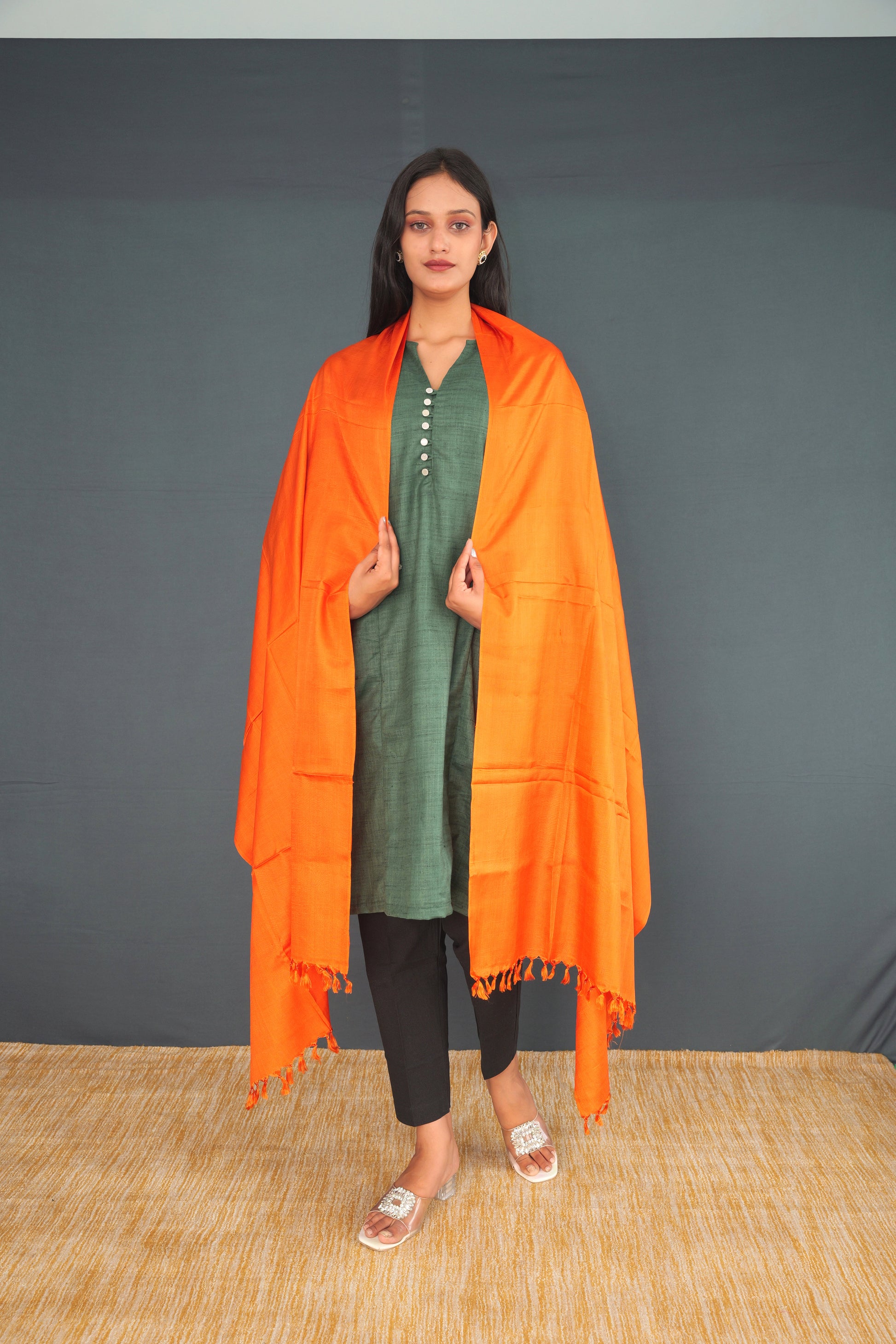 Handwoven True Khadi Silk Stole – Pure Orange | Elegant Plain Khadi Silk Dupatta for Women