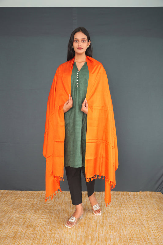 Handwoven True Khadi Silk Stole – Pure Orange | Elegant Plain Khadi Silk Dupatta for Women