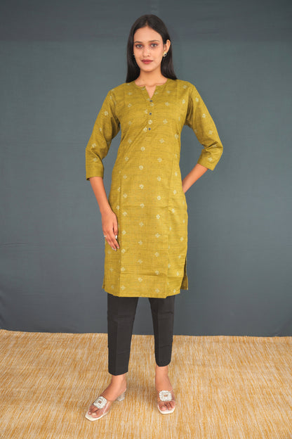 Olive Green Handwoven Khadi Silk Kurti for Women | Elegant Straight Fit Ethnic Wear
