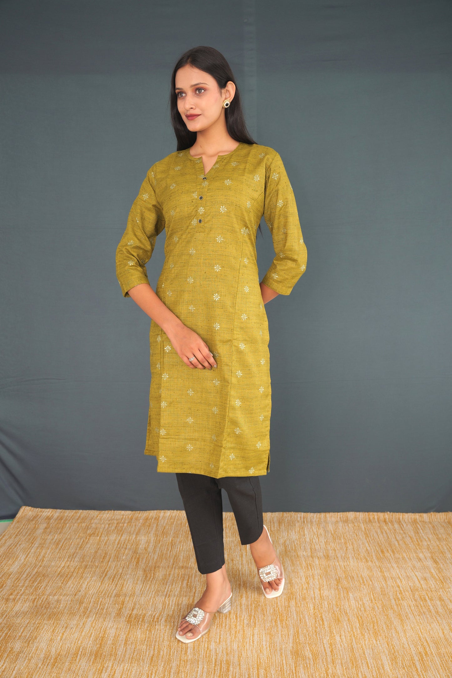 Olive Green Handwoven Khadi Silk Kurti for Women | Elegant Straight Fit Ethnic Wear