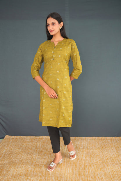 Olive Green Handwoven Khadi Silk Kurti for Women | Elegant Straight Fit Ethnic Wear