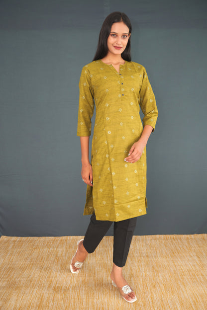 Olive Green Handwoven Khadi Silk Kurti for Women | Elegant Straight Fit Ethnic Wear