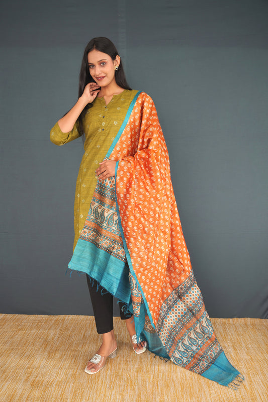 Handwoven True Khadi Silk Stole – Orange & Blue Indian Heritage Pattern | Pure Handloom Shawl for Women | Sustainable Khadi Wrap