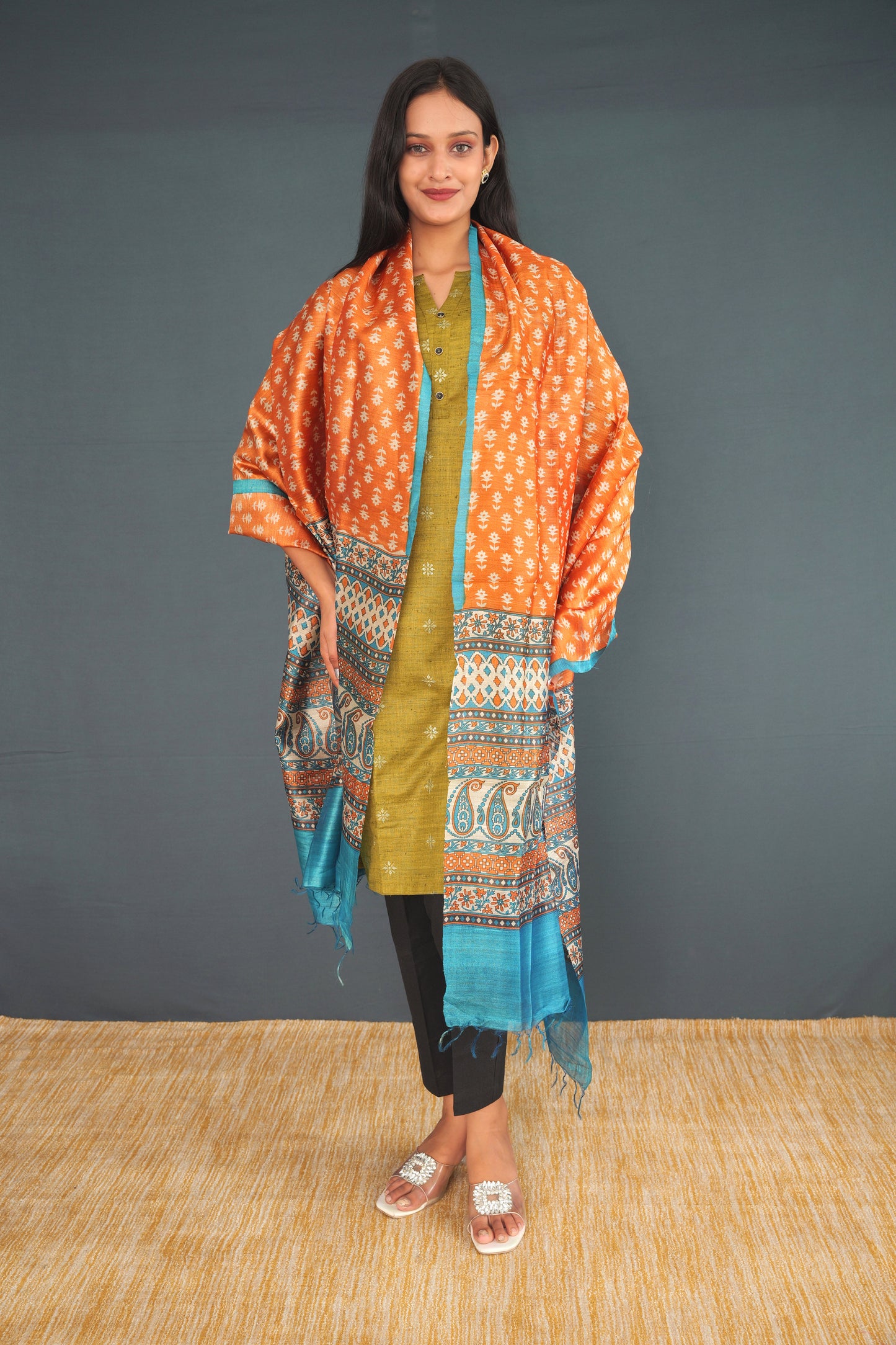 Handwoven True Khadi Silk Stole – Orange & Blue Indian Heritage Pattern | Pure Handloom Shawl for Women | Sustainable Khadi Wrap