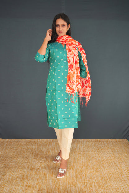 Handwoven True Khadi Silk Stole – Peach & Red Floral Print | Pure Handloom Dupatta for Women