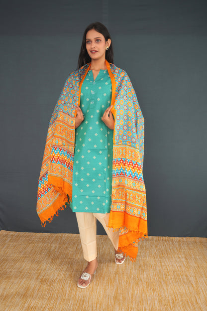 Handwoven Khadi Silk Stole – Orange & Blue Heritage Pattern | Pure Indian Handloom stole | Ethical Khadi Silk Wrap for Women