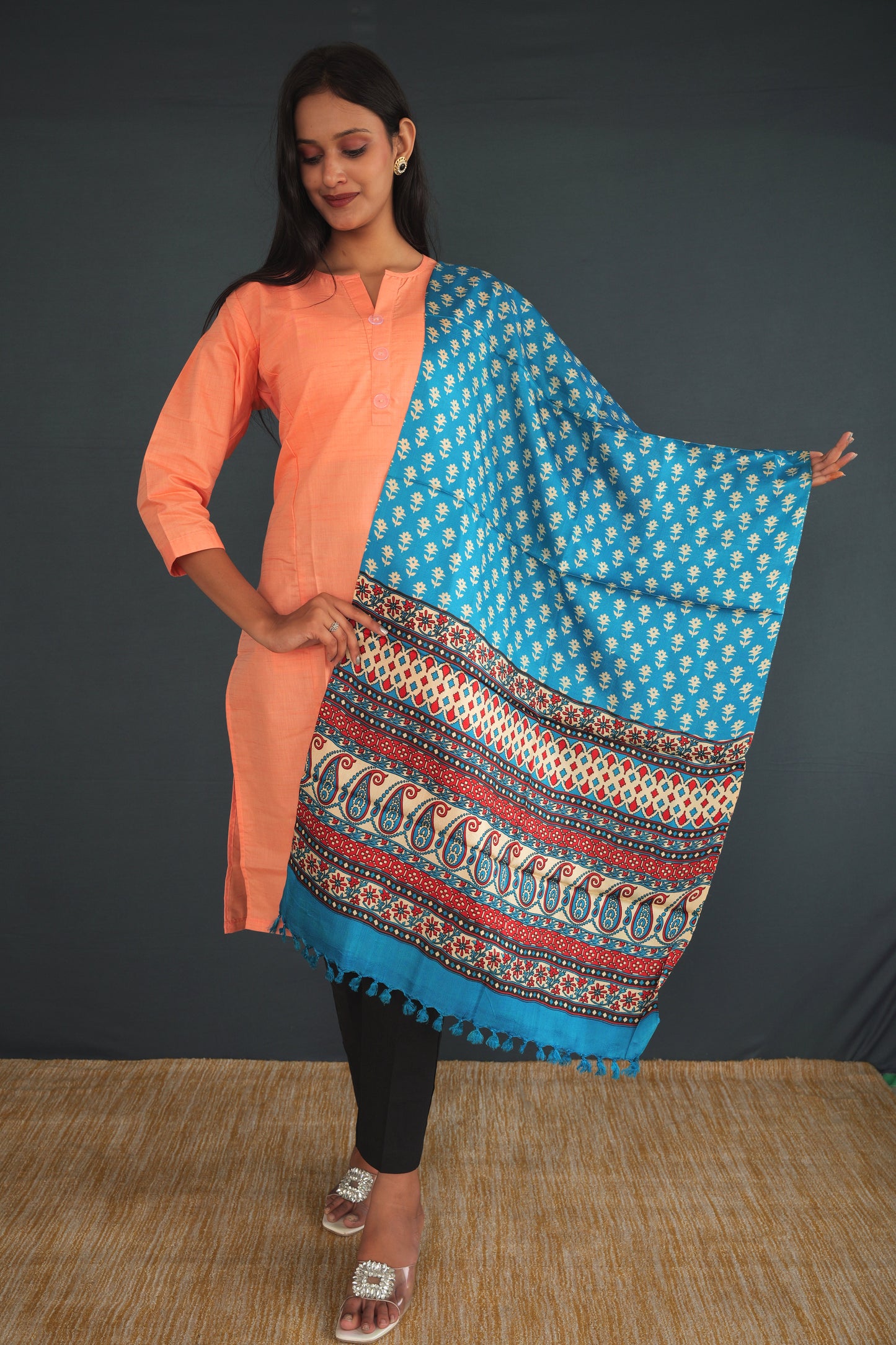 Handwoven True Khadi Silk Stole – Aqua Blue & Coral Floral Print | Pure Handloom stole for Women | Sustainable Indian Khadi Silk Wrap