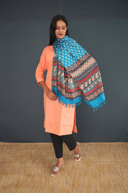 Handwoven True Khadi Silk Stole – Aqua Blue & Coral Floral Print | Pure Handloom stole for Women | Sustainable Indian Khadi Silk Wrap