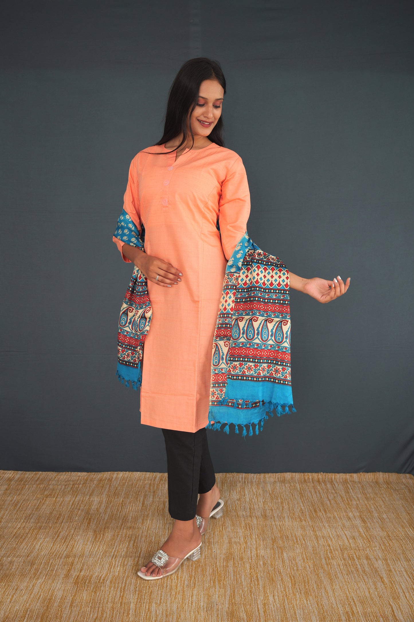 Handwoven True Khadi Silk Stole – Aqua Blue & Coral Floral Print | Pure Handloom stole for Women | Sustainable Indian Khadi Silk Wrap