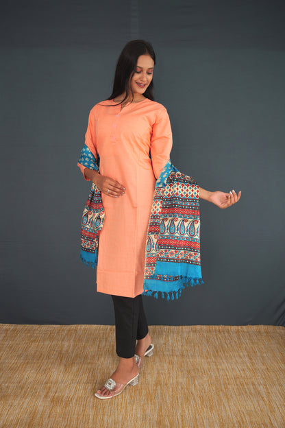 Handwoven True Khadi Silk Stole – Aqua Blue & Coral Floral Print | Pure Handloom stole for Women | Sustainable Indian Khadi Silk Wrap