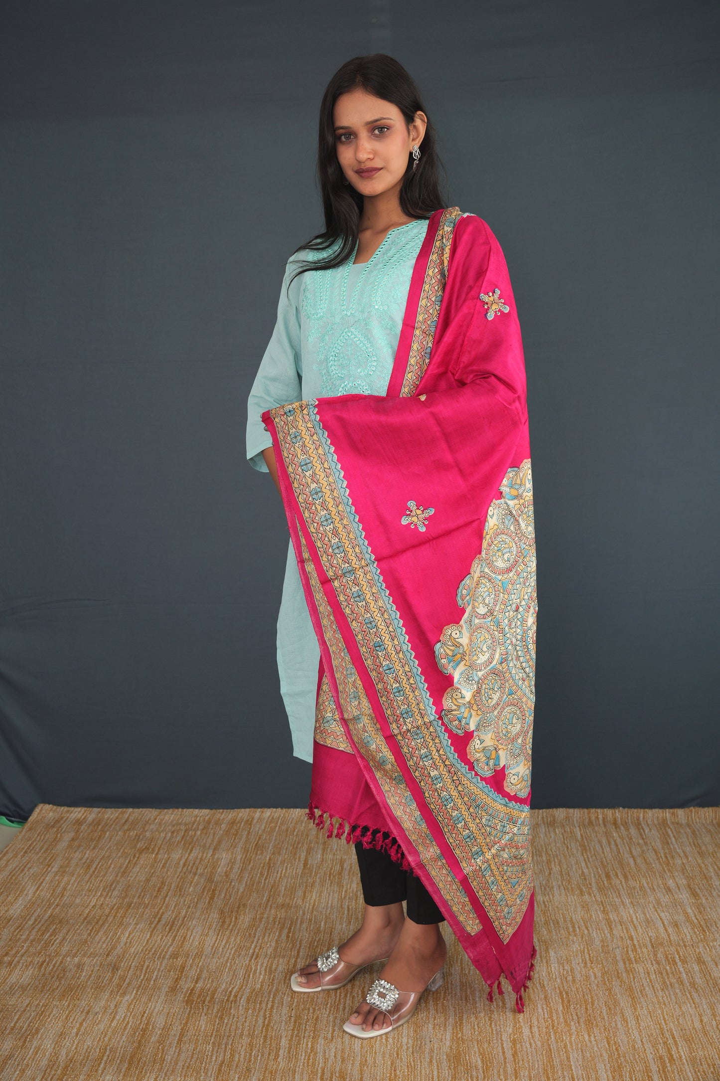 Handwoven Rani Pink, Maroon, Mehndi Green & Wine Khadi Silk Stole | Pure Indian Handloom stole  for Women | Traditional Madhubani Design Khadi Silk Wrap