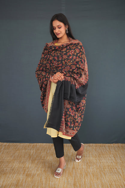 Handwoven Black Khadi Silk Stole | Traditional Kashmiri Floral Design Dupatta
