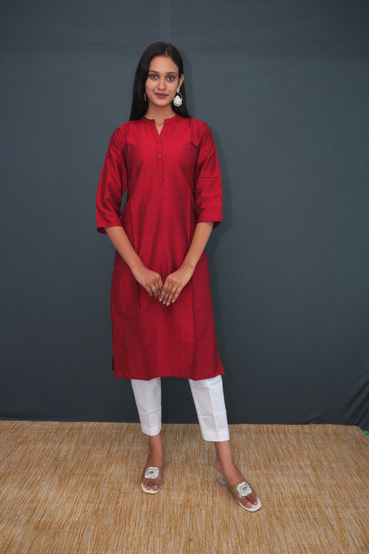 Maroon Handwoven Khadi Raw Silk Kurti for Women| Pure Raw Silk Fabric
