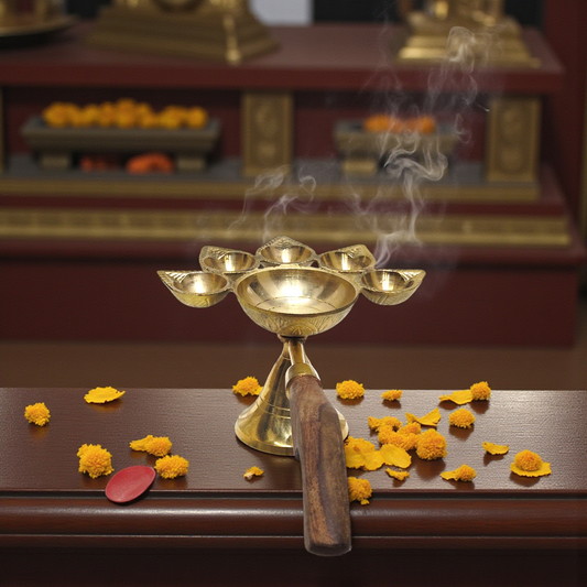 Pure Brass Kerala Diya with Wooden Handle | Traditional Multi-Wick Aarti Lamp | Handcrafted Brass Deepam