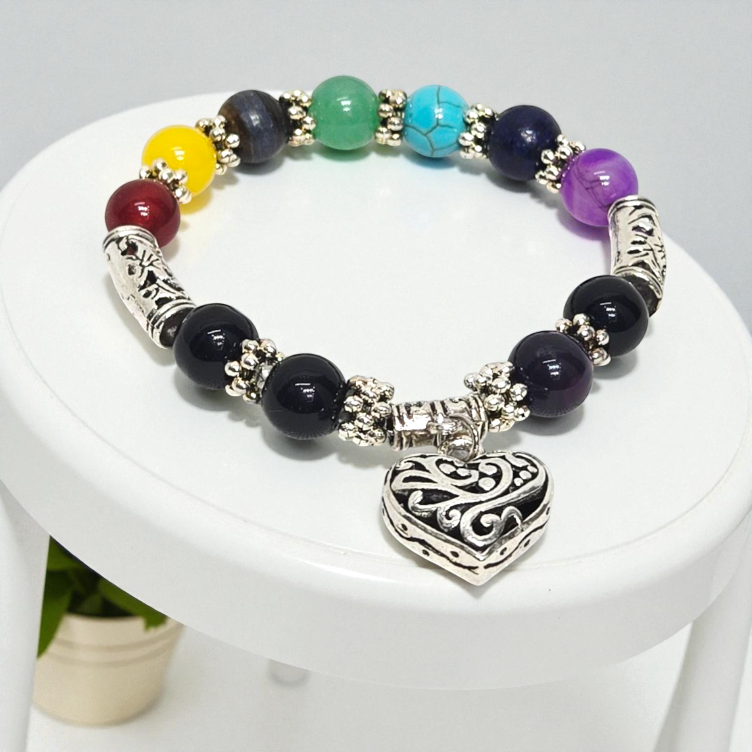 Multi-Stone Beaded Bracelet with Silver Accents & Heart Charm
